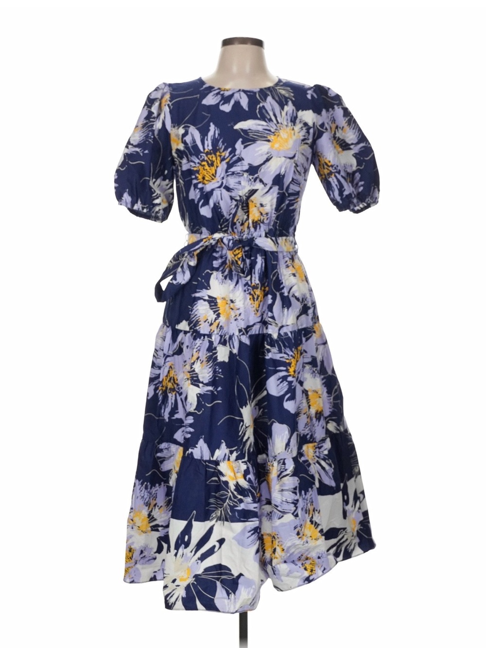 NWT London Times Navy Floral Midi Dress with Yellow & White Accents